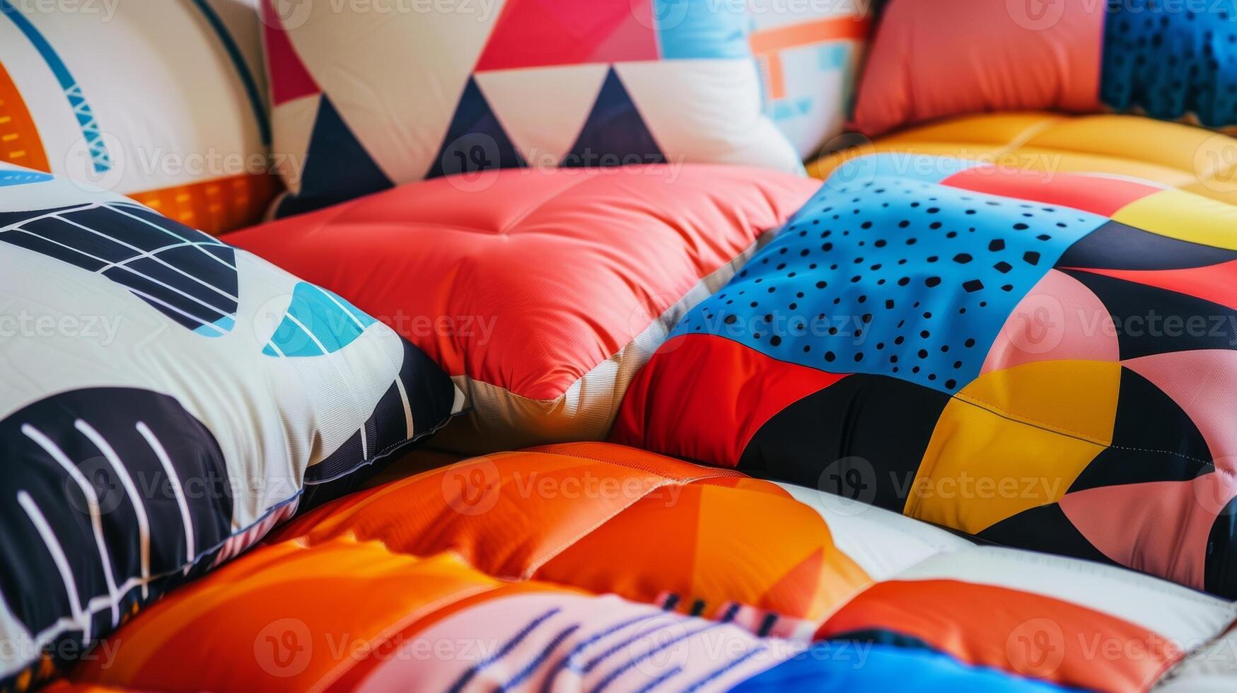 The bed is covered with inflatable throw pillows featuring bold geometric patterns in vibrant colors photo