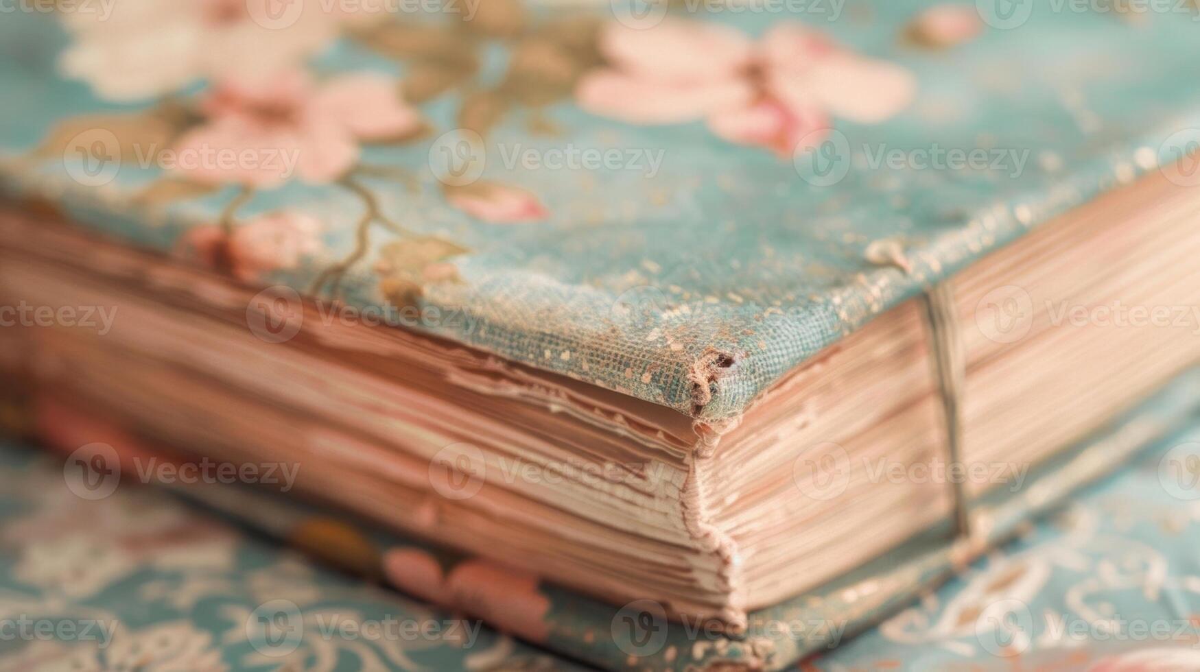 The cover of the book is made of a soft velvety material with a floral design and faded pastel colors. The title is written in cursive font adding to its vintage charm photo
