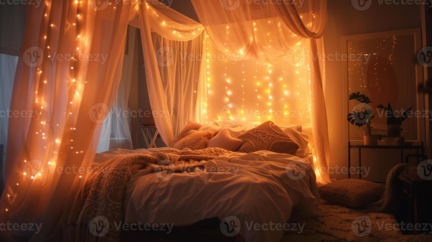A bohemianinspired bedroom with a string of warm le lights adorning the canopy bed creating a warm and magical atmosphere photo