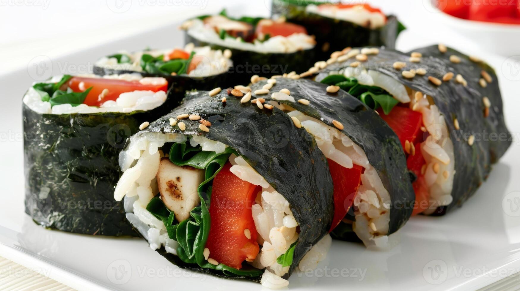 Slices of plump tomato and tender baby spinach wrap around sushi rice and marinated tofu to create a unique and flavorful roll photo