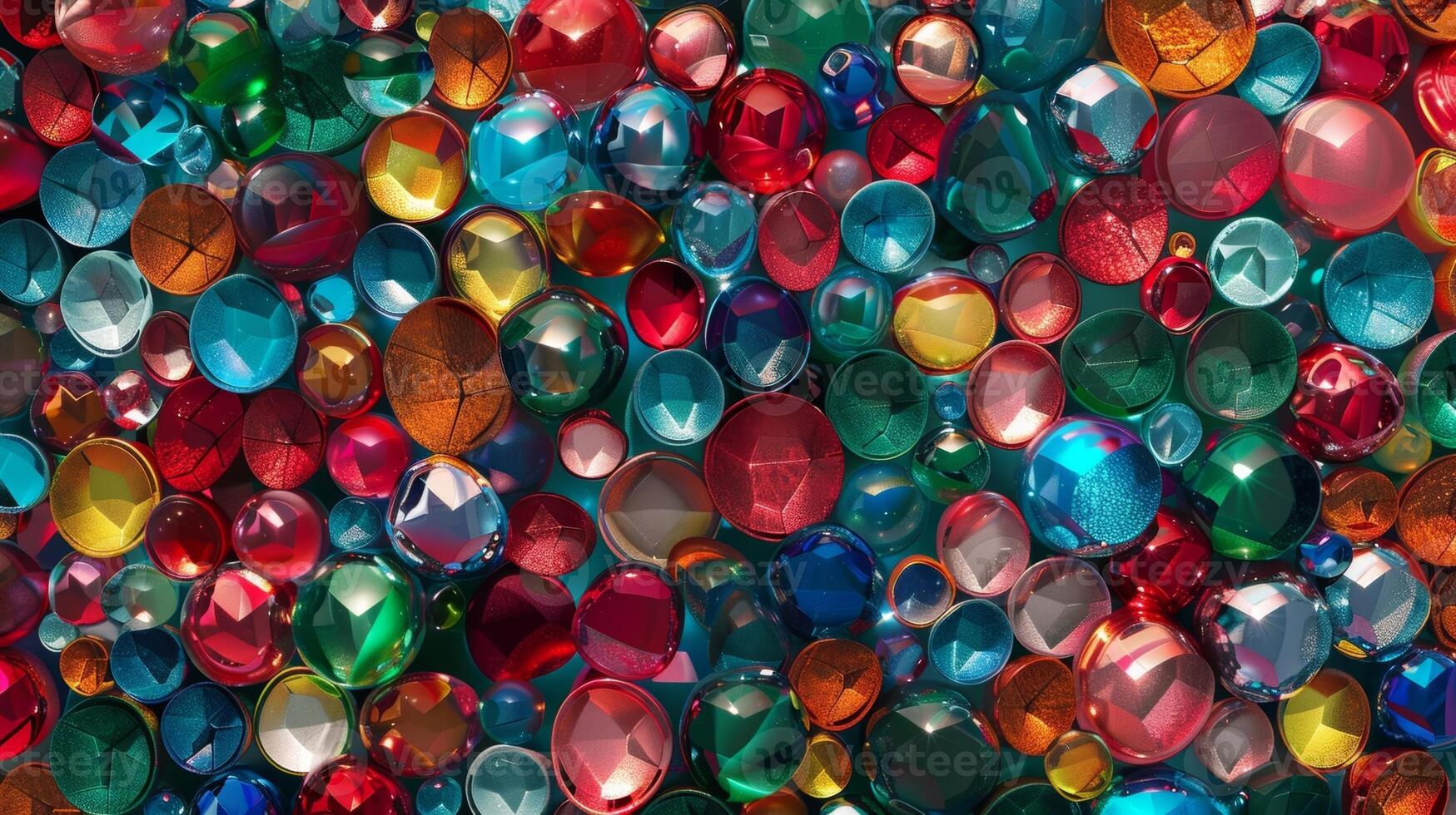 An intricate mosaic pattern of 3D bubbles in jewel tones of ruby red emerald green and sapphire blue photo