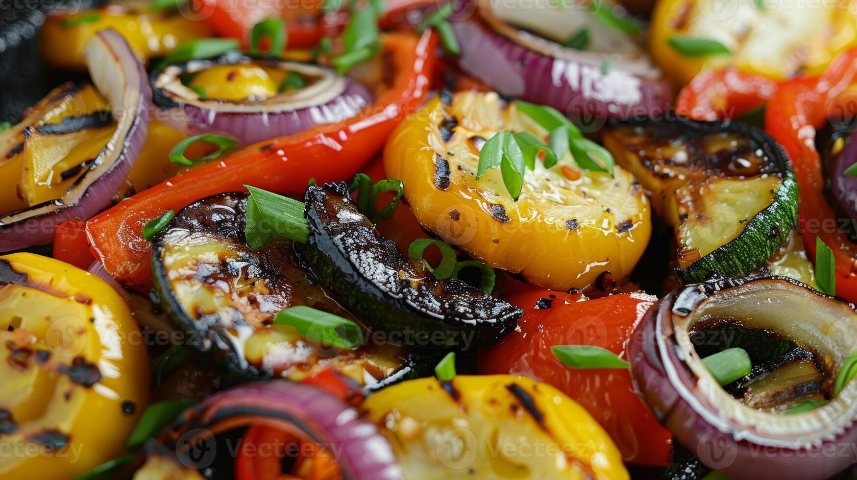 A mouthwatering pile of grilled vegetable stirfry topped with a sprinkle of chopped green onions for freshness photo