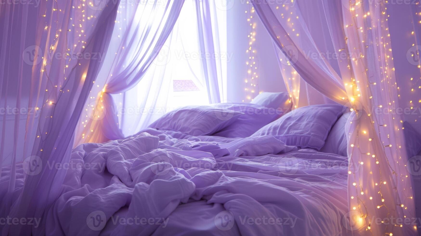 A dreamy canopy bed dd in pastel purple linens and surrounded by delicate fairy lights photo