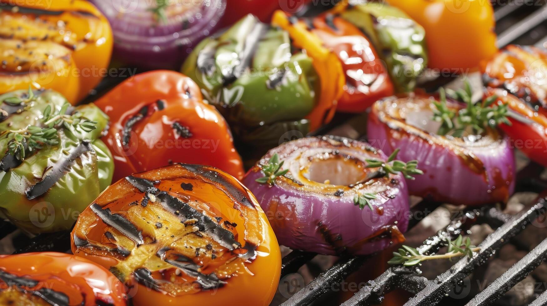 A mouthwatering combination of grilled peppers and onions bursting with delicious flavors photo