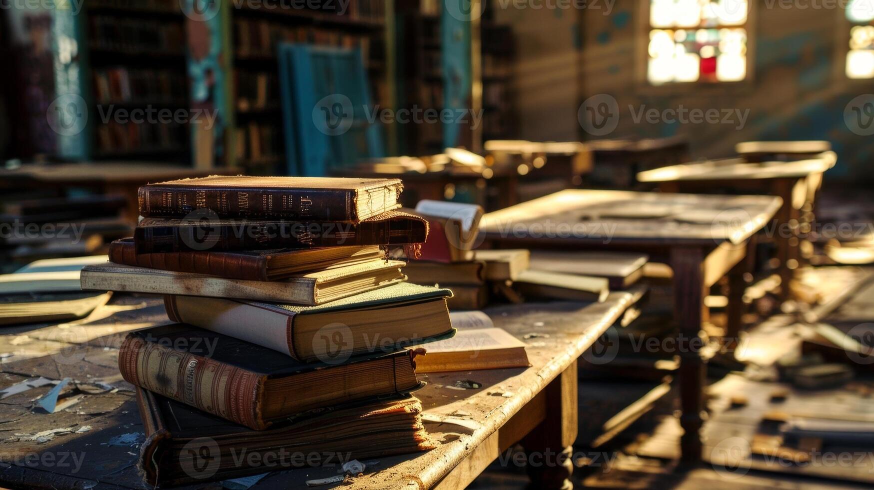 The interplay of light and shadows cast upon the abandoned tables and stacks of books in this forgotten library photo