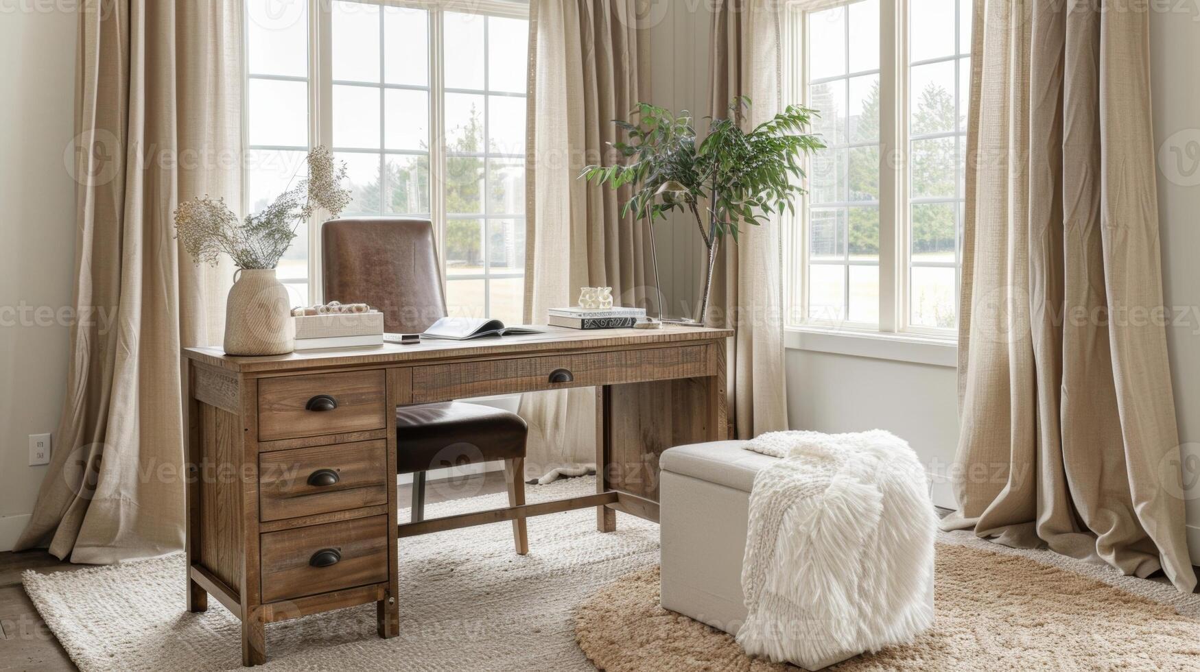 A neutraltoned home office with a clean and organized workspace. A plush rug and earthtoned curtains add warmth and a cozy touch photo