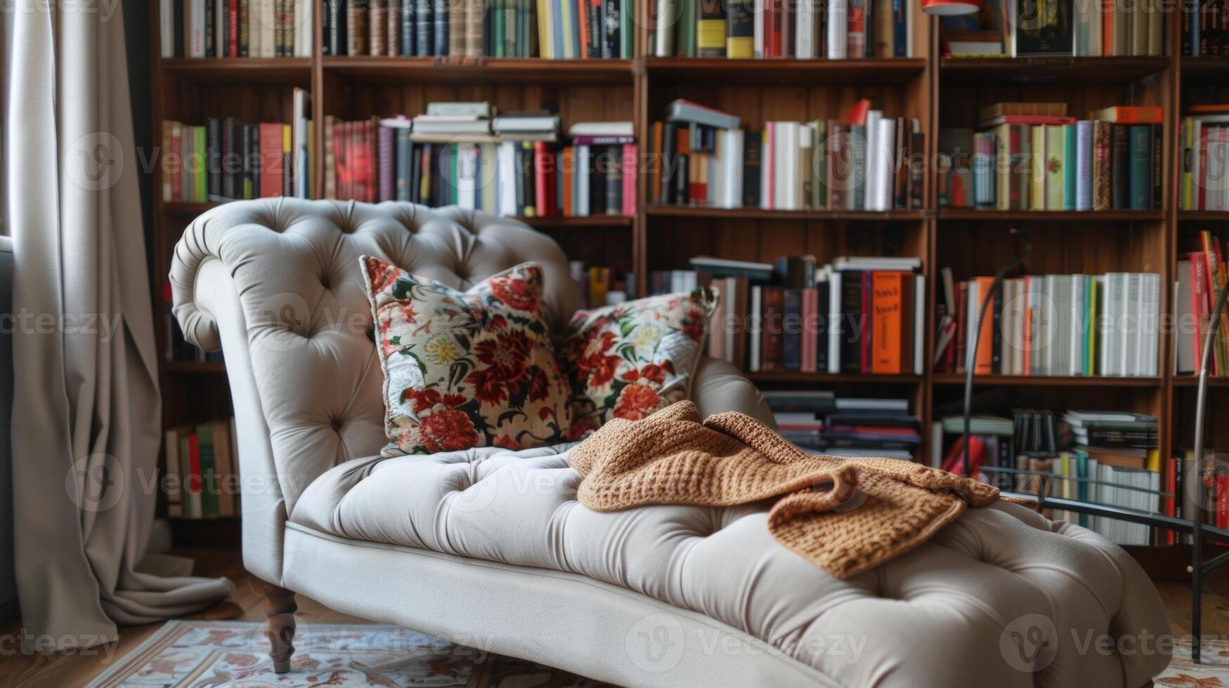 A charming loft spot for reading adorned with floortoceiling bookshelves and a tufted chaise lounge photo
