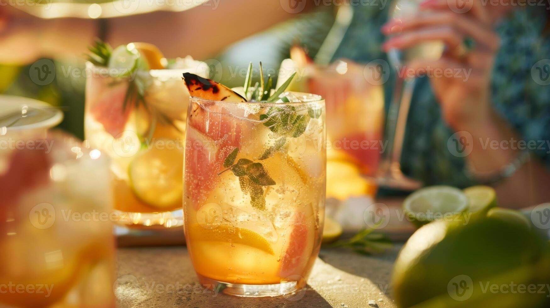The sound of laughter and clinking glasses as guests enjoy sipping on refreshing mocktails made with grilled fruit and herbs photo