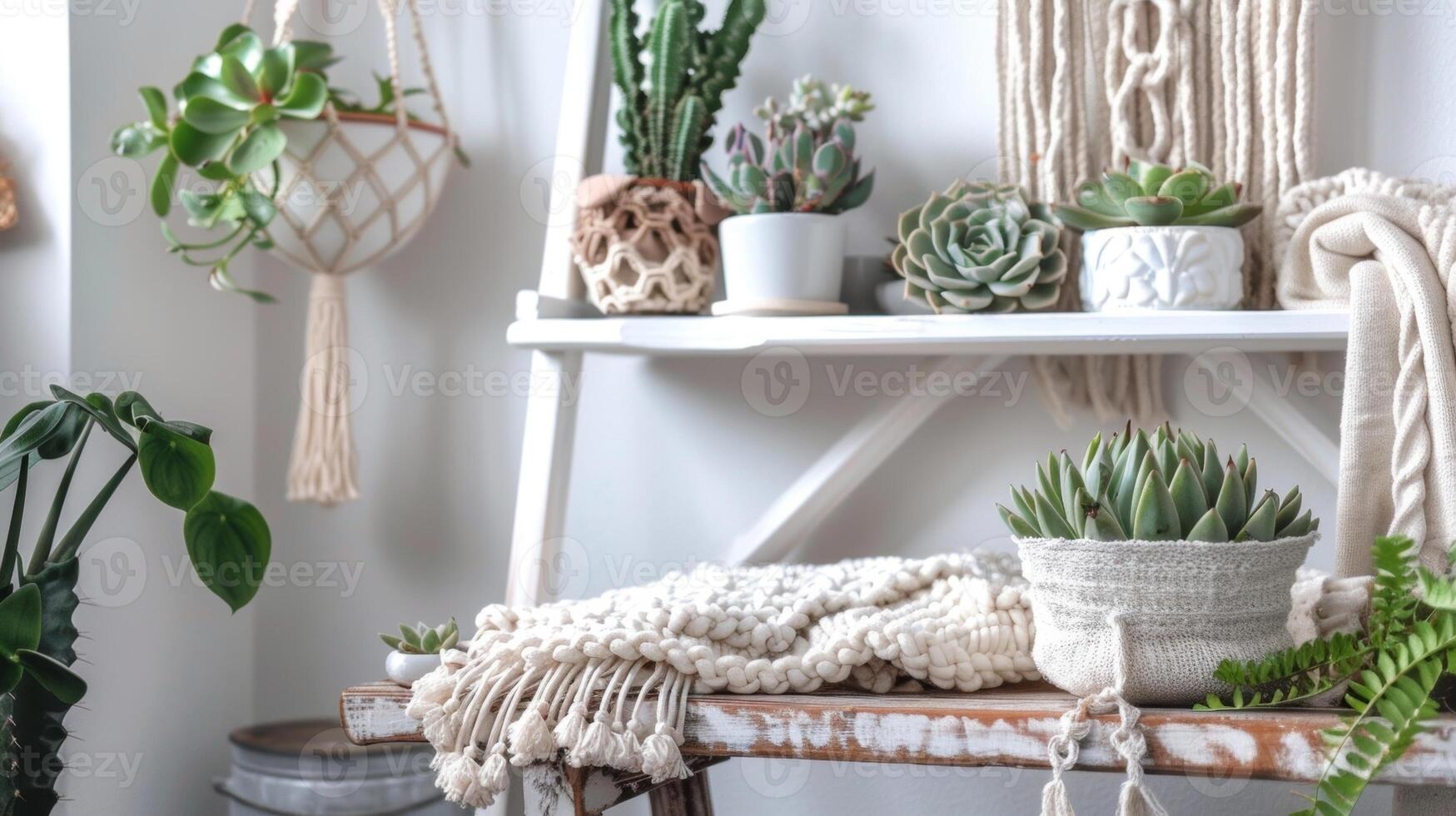 A whimsical display of succulents and cacti arranged on a modern white ladder shelf accented by a macrame wall hanging and a cozy throw blanket dd over a rustic wooden bench photo