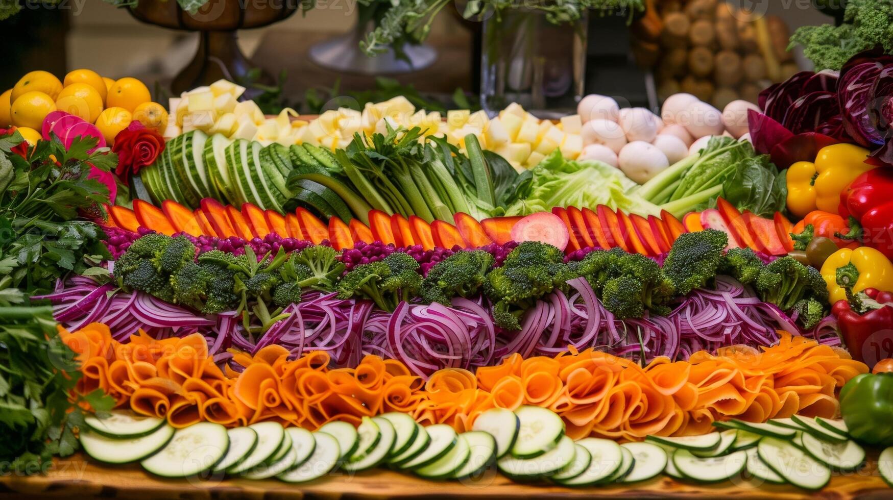 Layers of fresh vegetables cooked to perfection creating a beautiful display of various hues photo