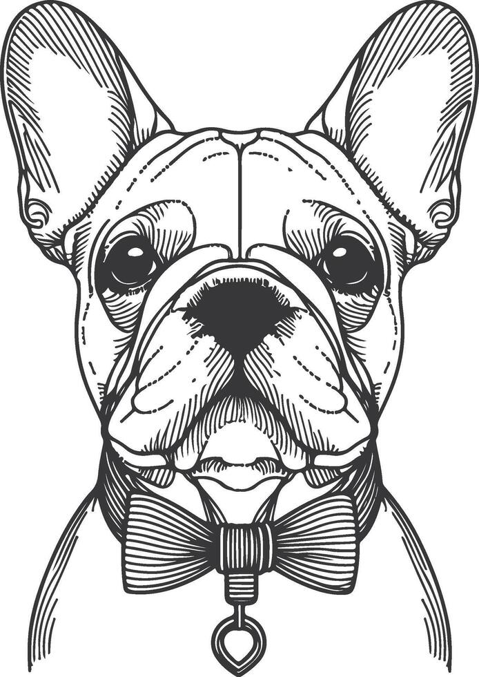 Line art French bulldog illustration. Ink style, cute animal for print linear silhouette. vector