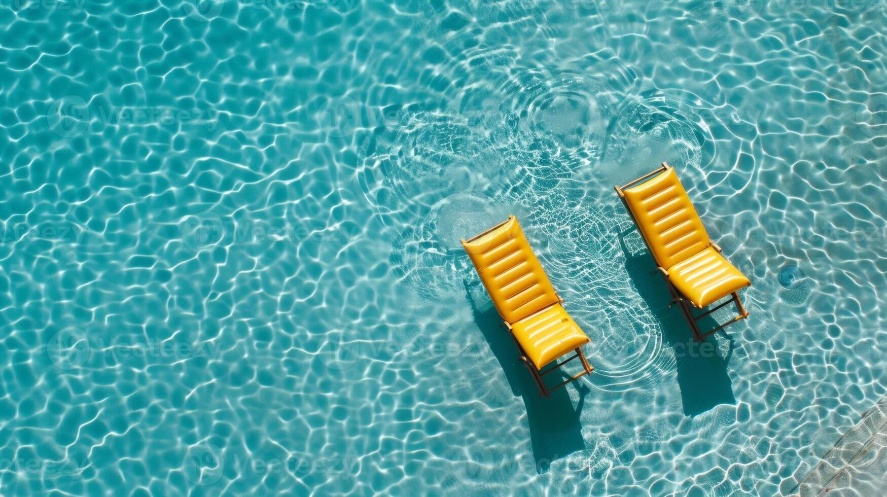 A birdseye view of a crystalclear pool reveals two inflatable lounge chairs floating serenely inviting a moment of blissful rest photo