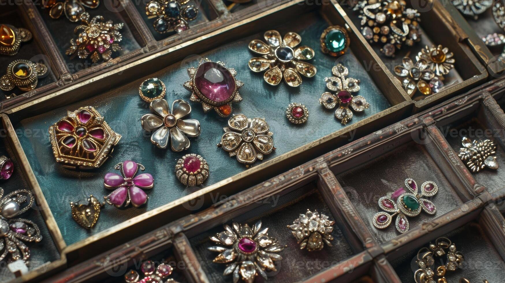 A display of vintage brooches like a treasure chest od for all to see each one more beautiful than the last and offering a glimpse into a world of timeless elegance photo