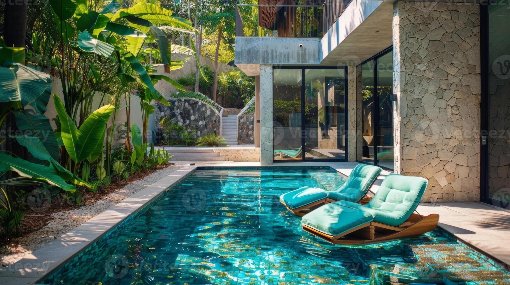 Cool and inviting a turquoise pool serves as the perfect backdrop for two floating lounge chairs offering a peaceful spot for unwinding photo
