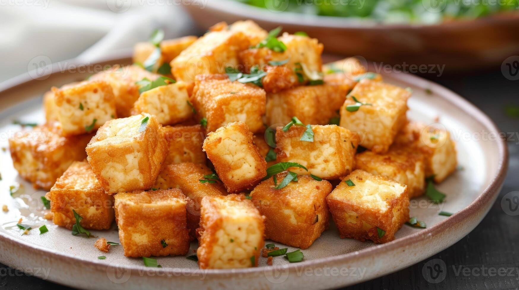 A plate of golden brown crispy tofu cubes fried in avocado oil photo