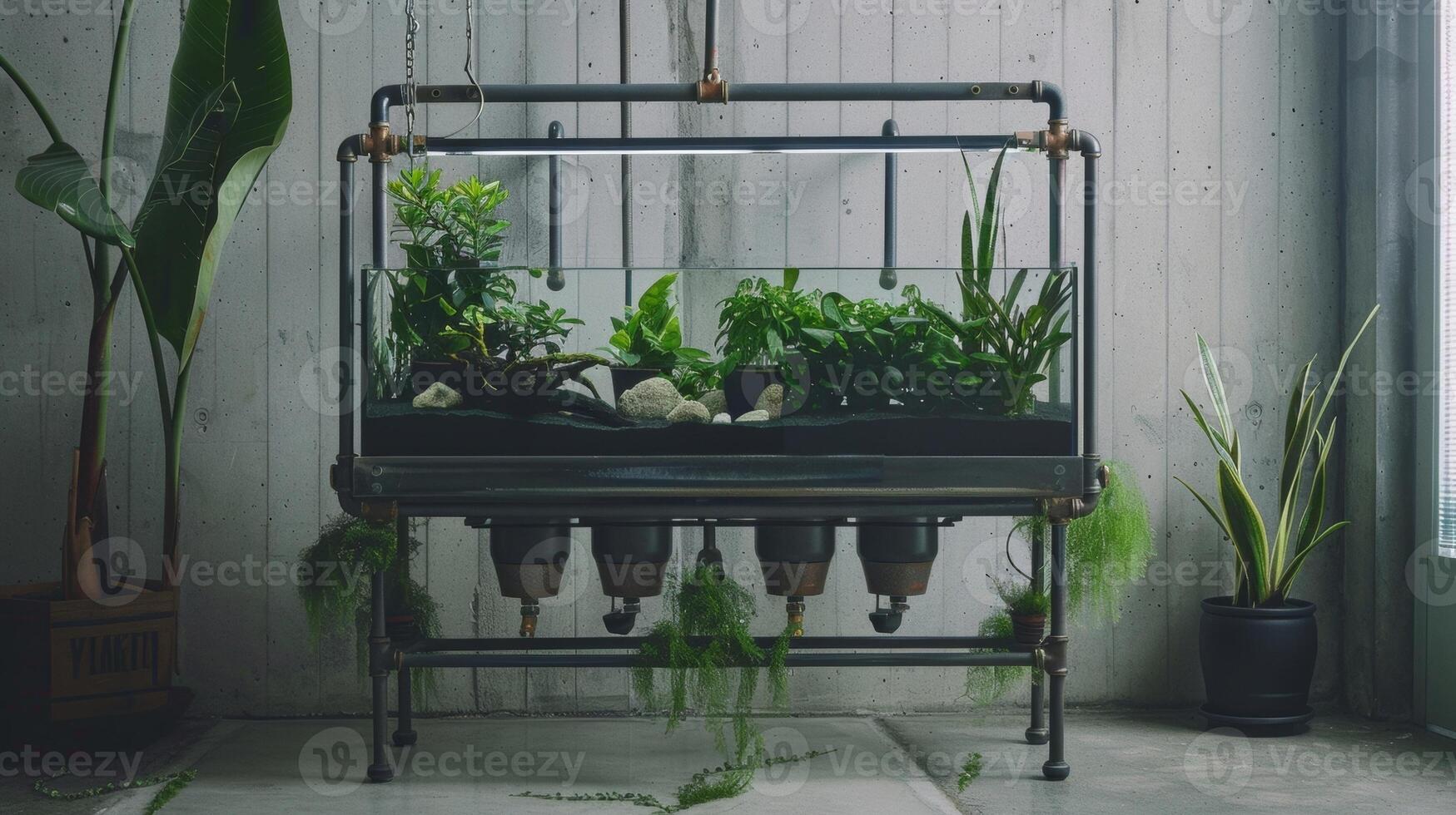 An industrialstyle stand made of metal pipes and fittings with a long narrow aquarium along the top and small dangling planters along the bottom. This edgy design is perfect for a moder photo