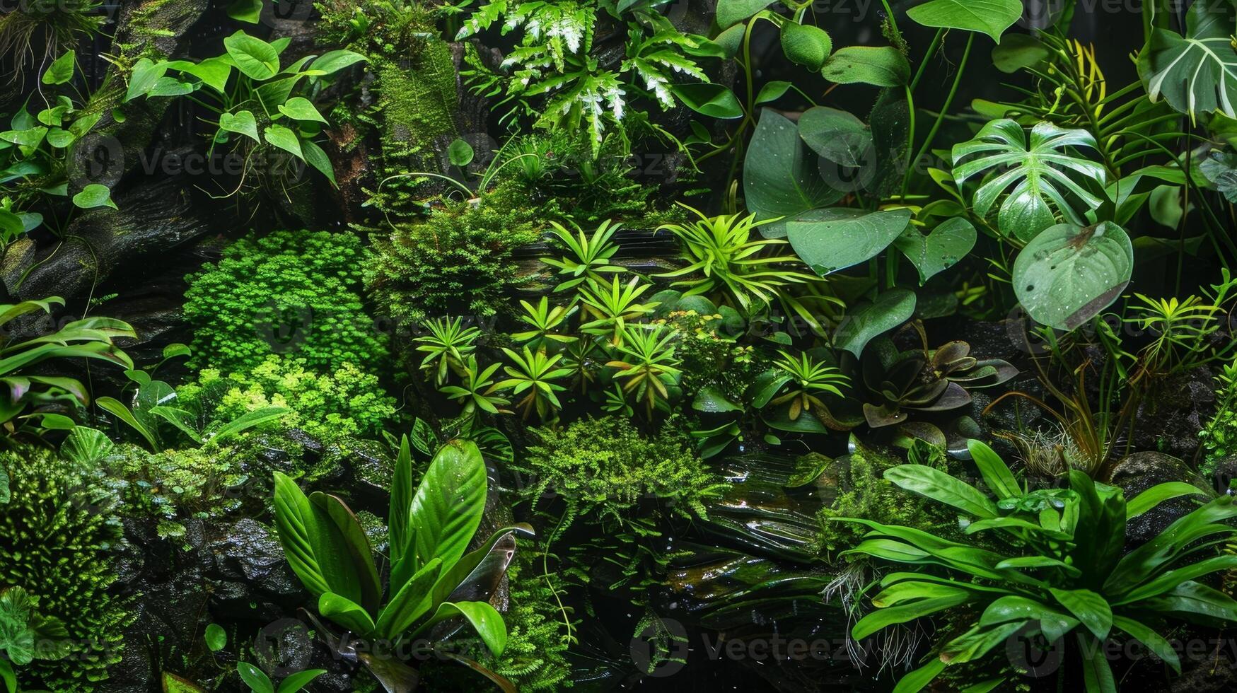 A verdant vivarium with a diverse array of aquatic and land plants creating layers of texture and color throughout the lush environment photo