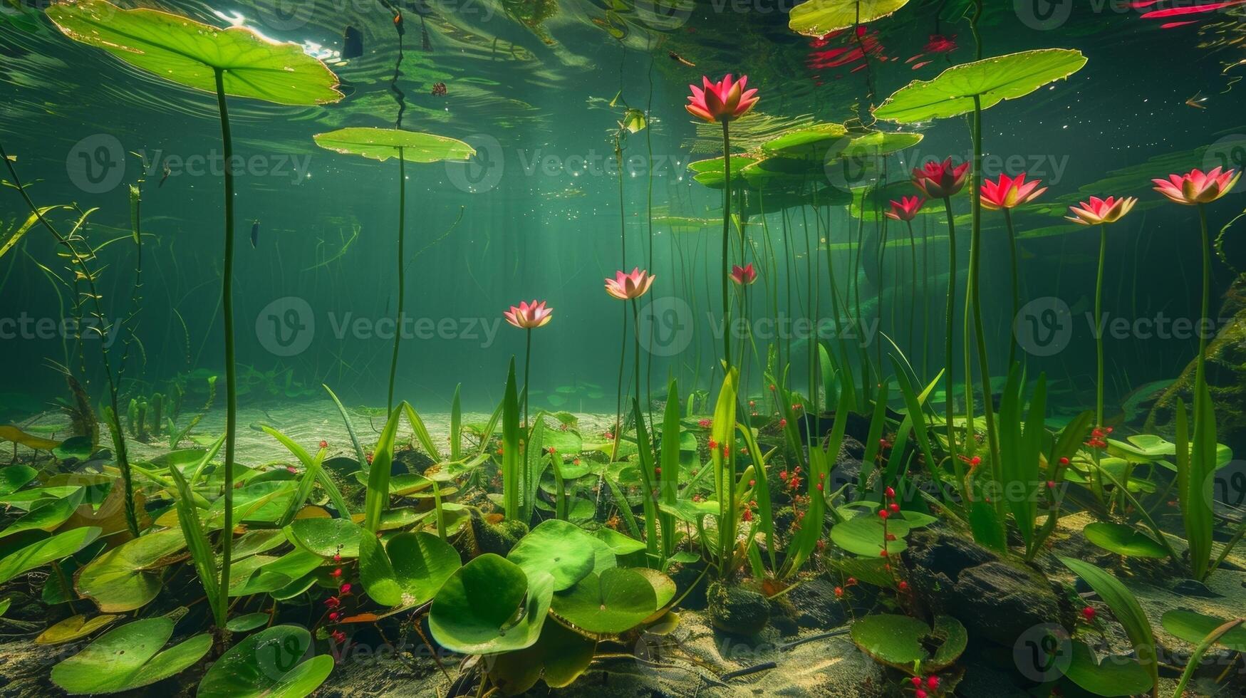 An underwater paradise with vibrant green algae swaying water lilies and bright red aquatic plants contrasting against the sandy substrate photo