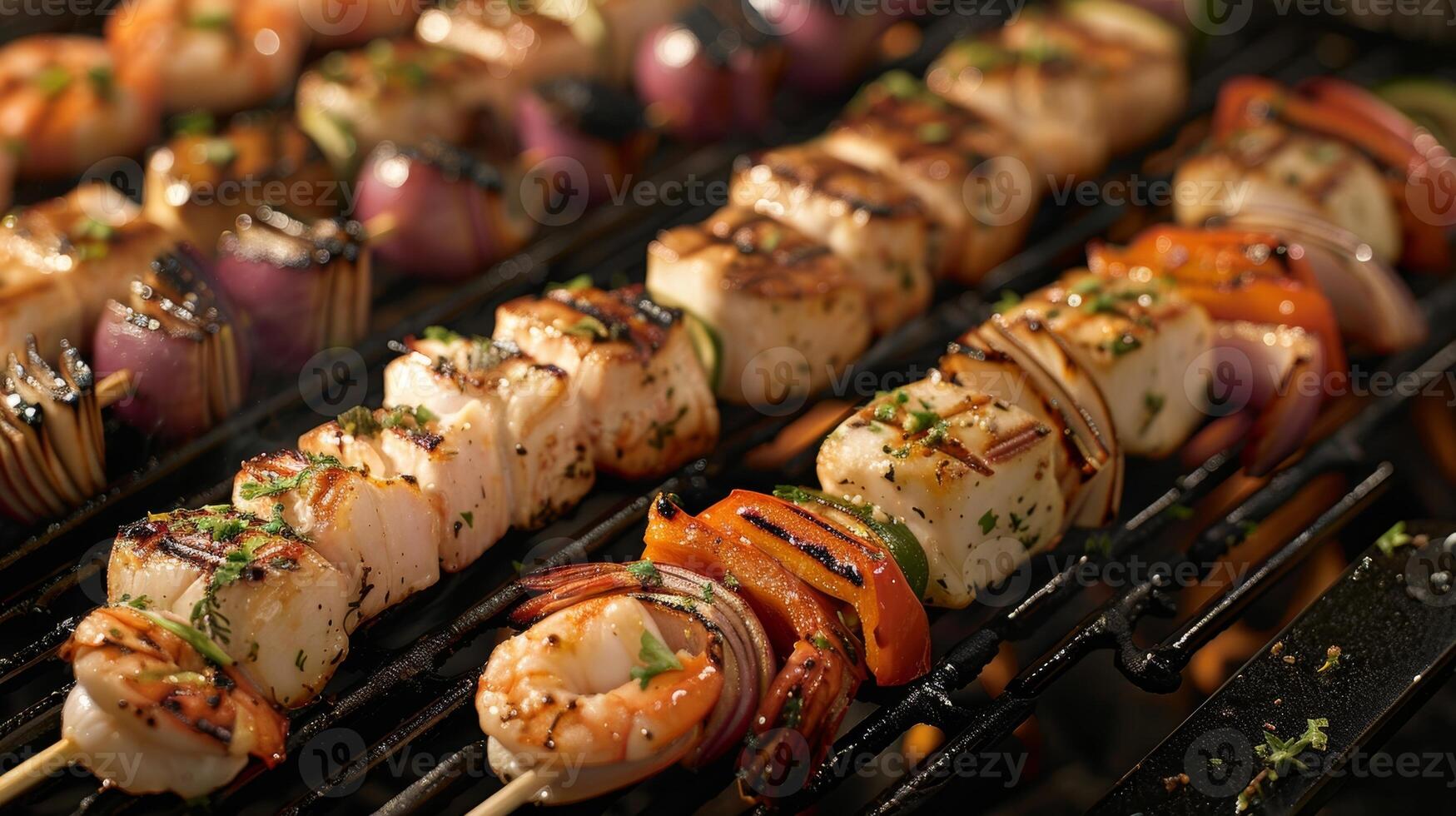 An array of assorted seafood skewers brushed with avocado oil before hitting the grill photo