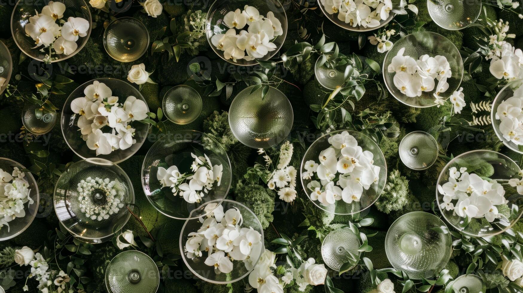 A stunning wedding backdrop featuring a wall of floating bowls filled with delicate white flowers and lush green foliage photo