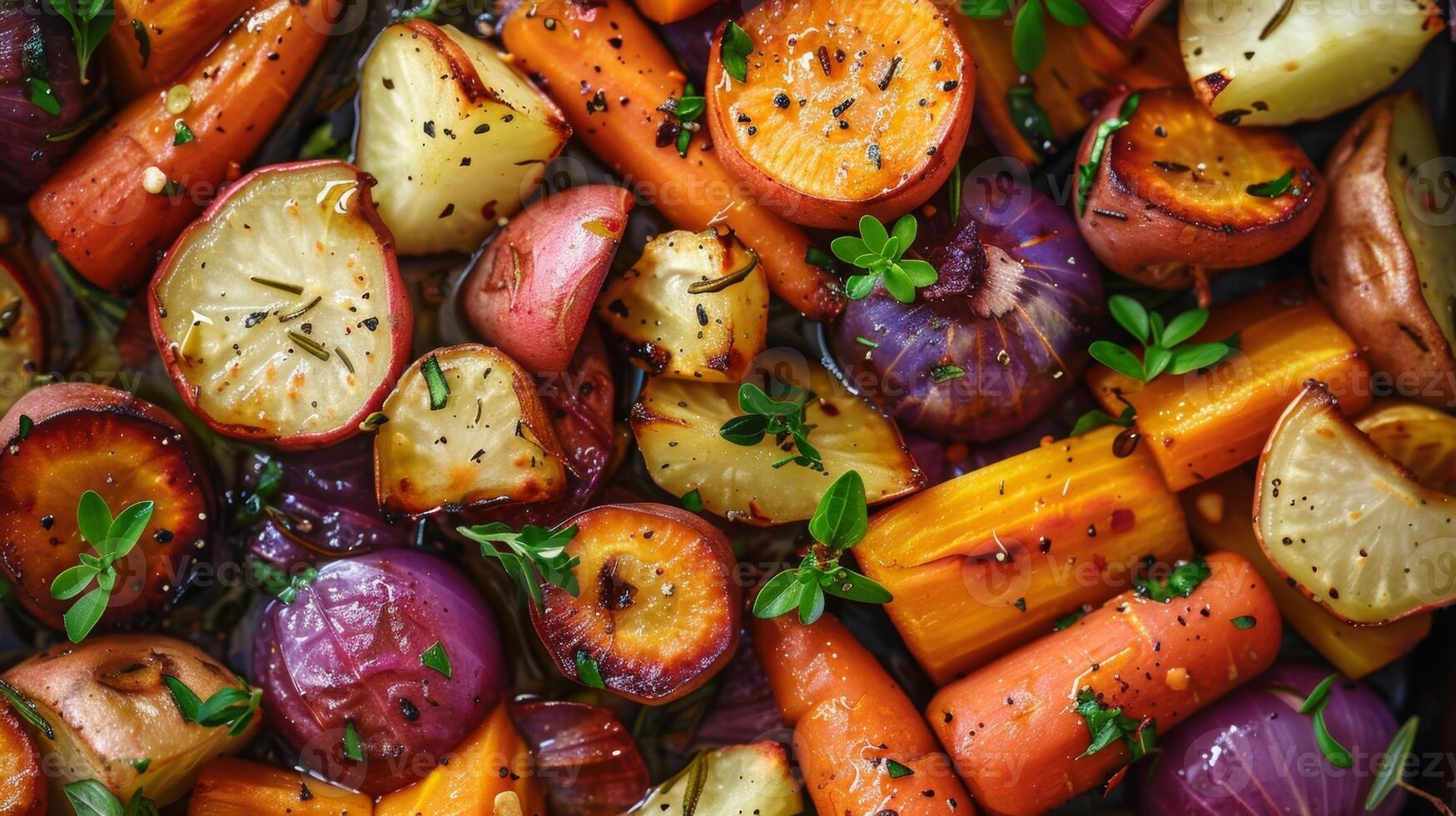 A platter of roasted root vegetables drizzled with flavorful herbinfused olive oil. A comforting and sustainable side dish for the chilly winter season photo