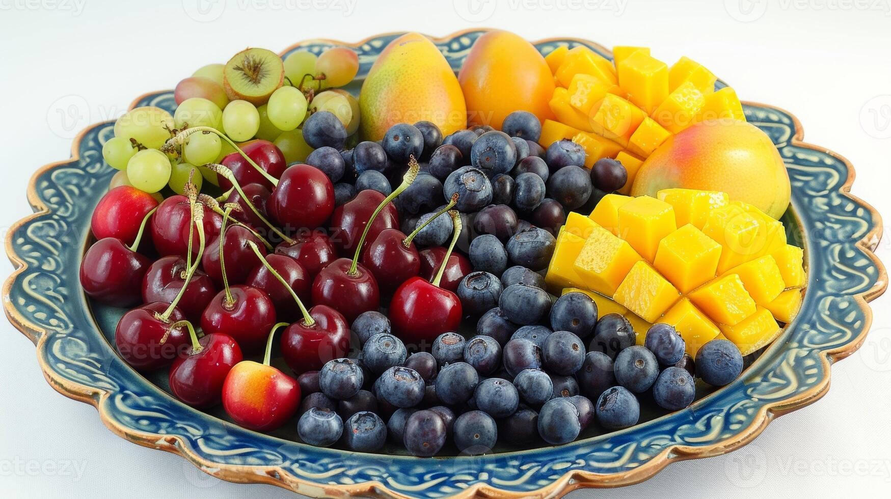 A treat for the senses a variety of juicy fruits including plump blueberries ripe cherries and juicy mango arranged in a colorful platter photo