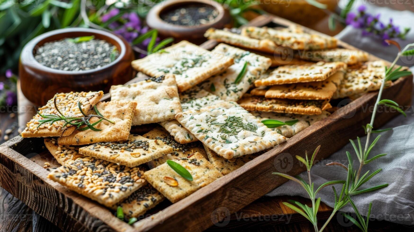 A wooden serving tray filled with a variety of homemade buckwheat crackers each with a unique herb or seed topping photo