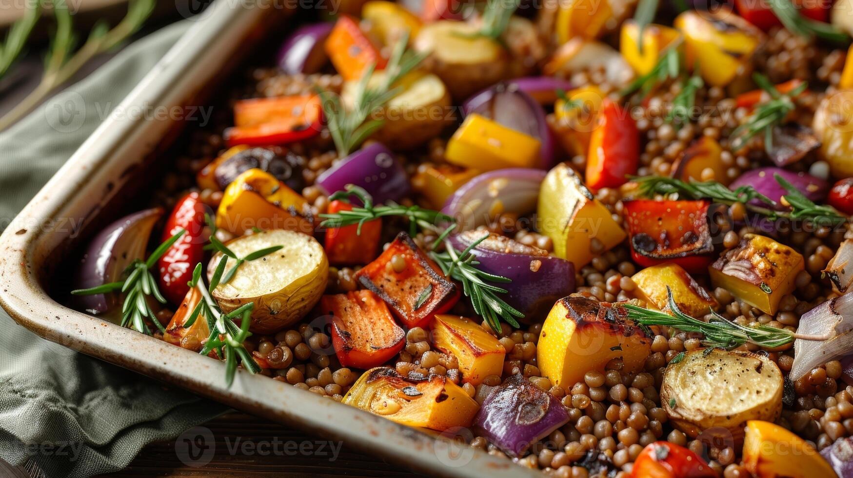 A pan of roasted vegetables and buckwheat seasoned with herbs and es demonstrating how this grain can be incorporated into savory dishes photo