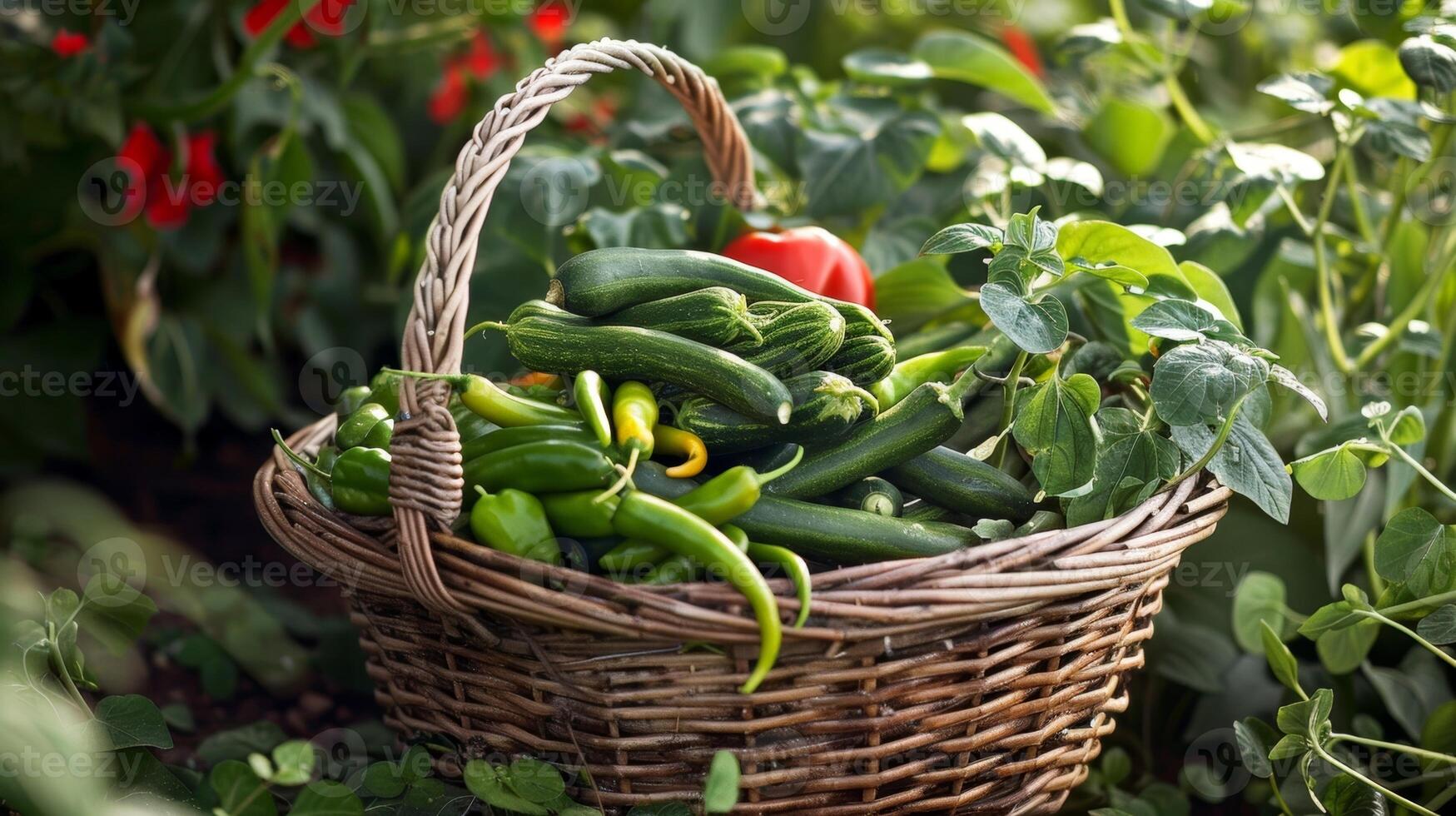 A basket overflowing with freshly harvested green beans cucumbers and bell peppers photo