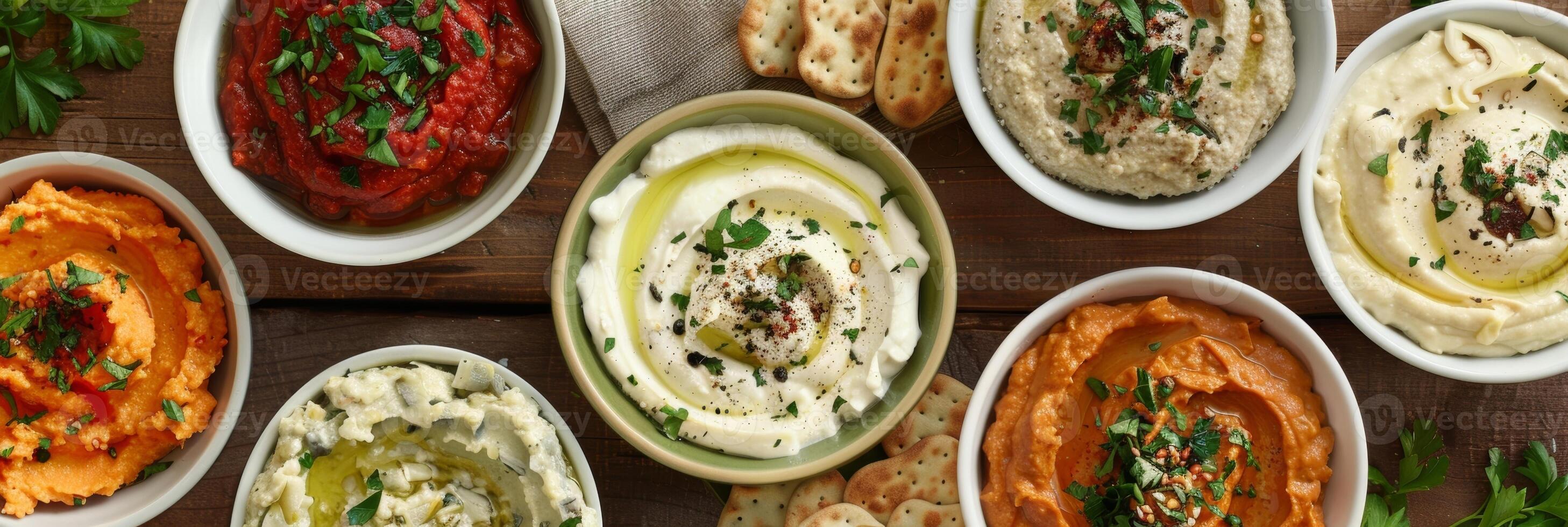 A spread of different types of vegan dips including a tangy artichoke dip luscious cashew cheese spread and savory mushroom p t photo