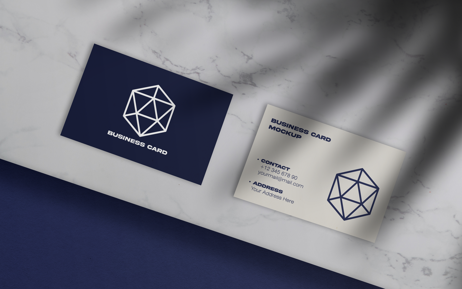 Business Card Mockup Marble Background Minimalist Design Botanical Shadow psd