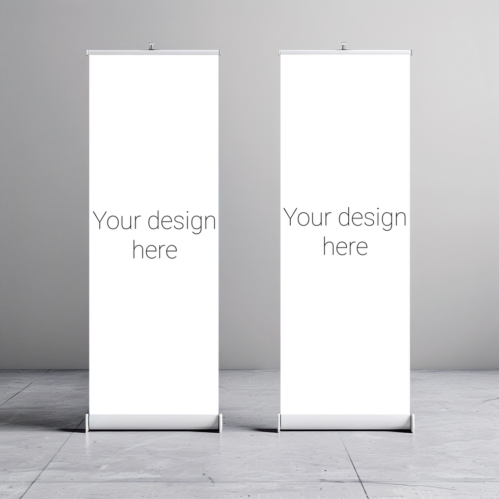 Mockup of two advertising roll banners in white room psd