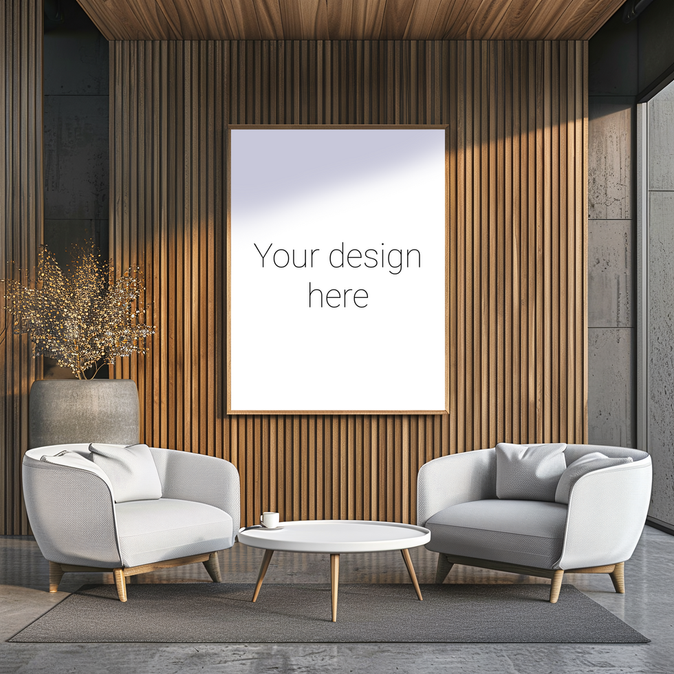 Mockup of a painting or advertising banner in modern office space with wooden walls psd