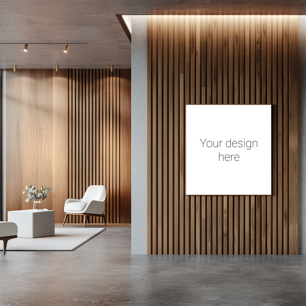 Mockup of a painting or advertising banner in modern office space with wooden walls psd