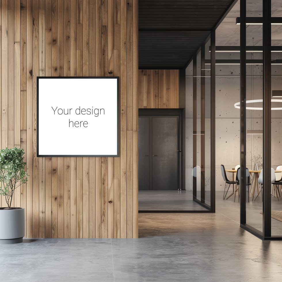 Mockup of a painting or advertising banner in modern office space with wooden walls psd