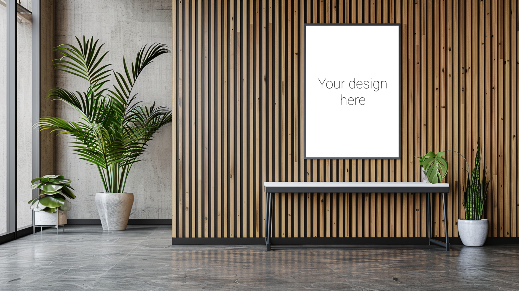 Mockup of a painting or advertising banner in modern office space with wooden walls psd