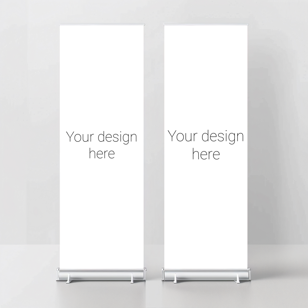 Mockup of two advertising roll banners in white room psd