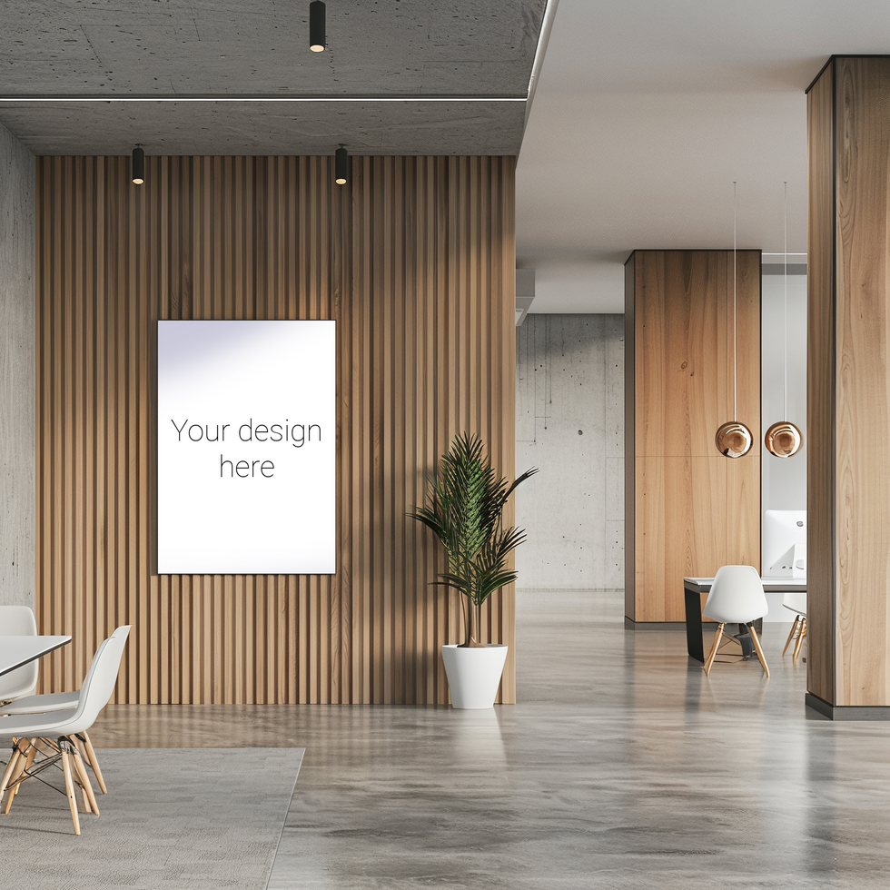 Mockup of a painting or advertising banner in modern office space with wooden walls psd