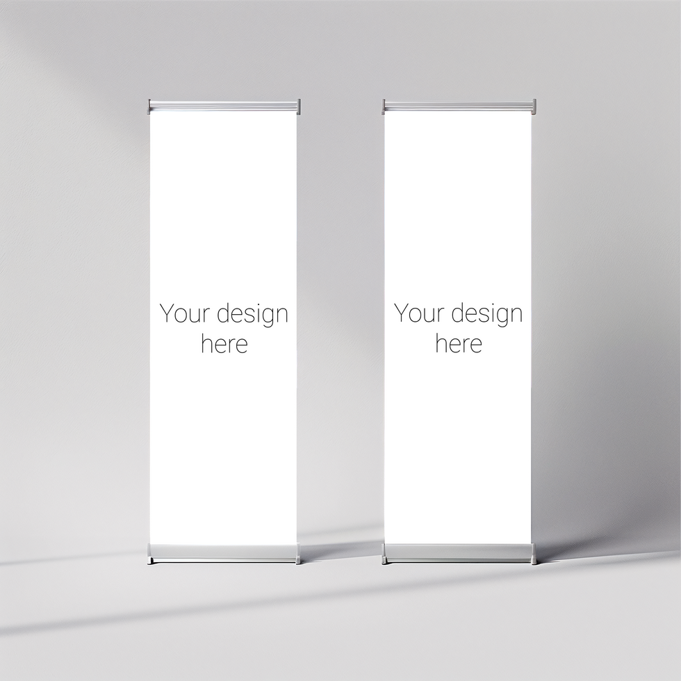 Mockup of two advertising roll banners in white room psd
