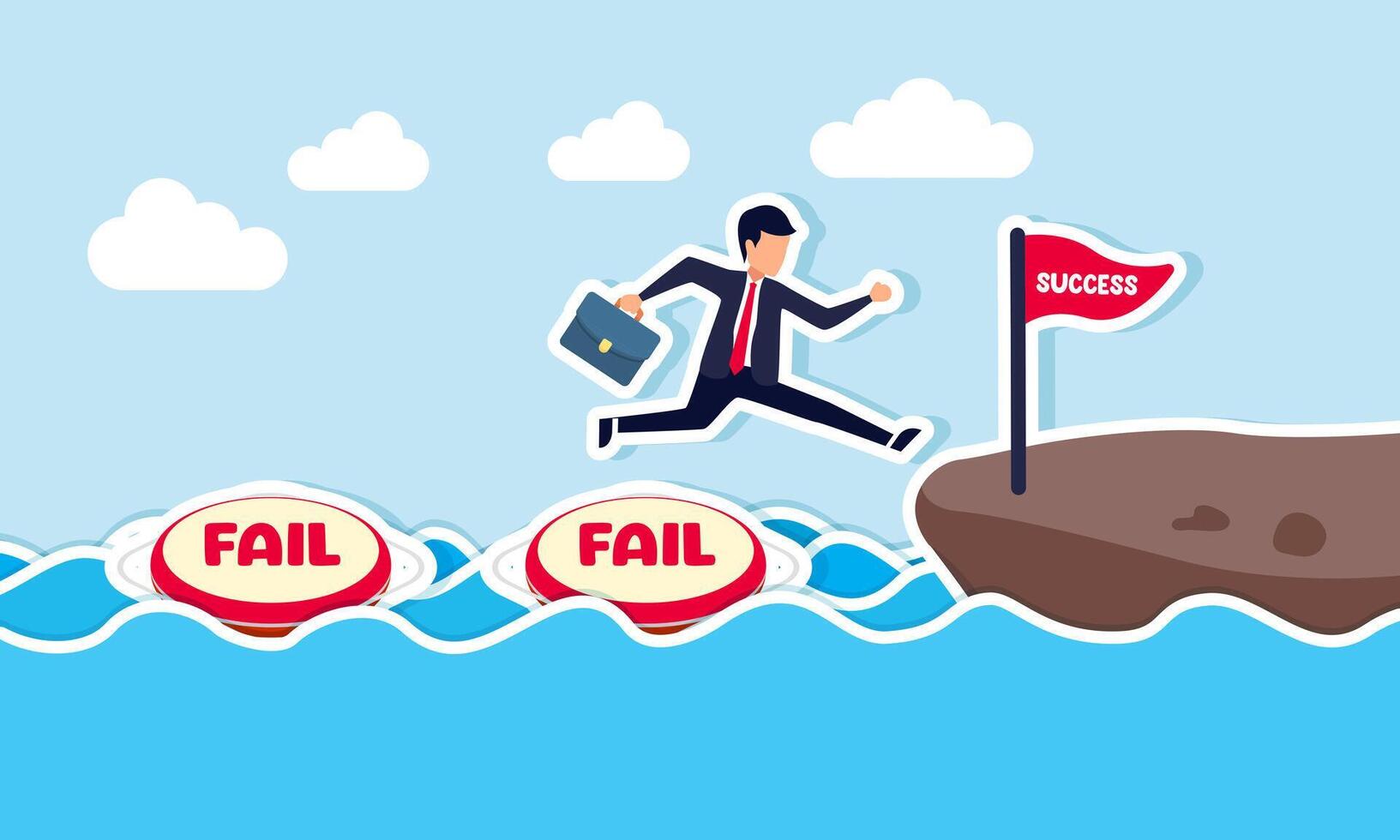 Turning failure into success learning and using creativity to achieve business success, concept of A smart business jumps over multiple failures floating on water, finally reaching the success flag vector