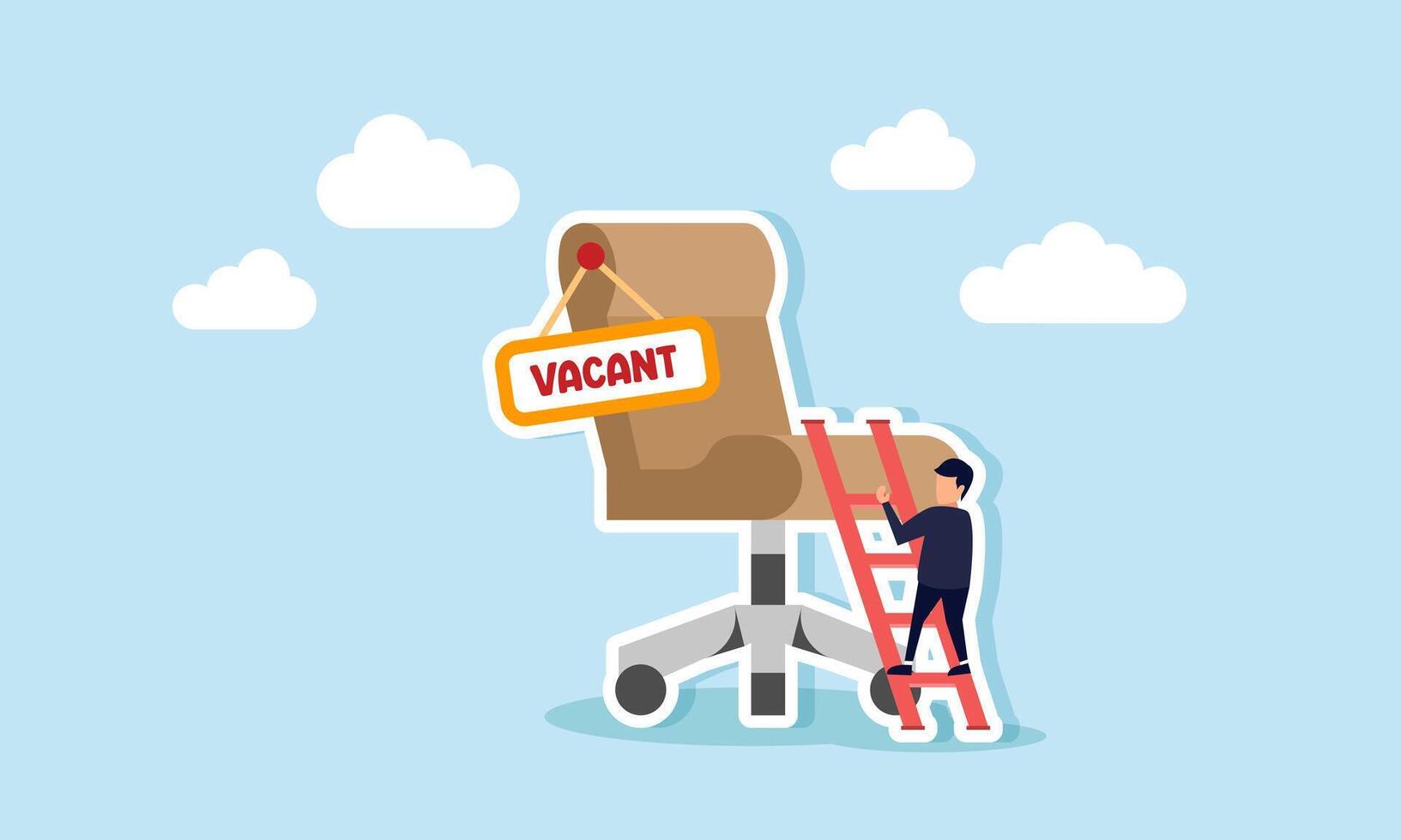 A candidate seeks a job, career path, or promotion to management, climbing the ladder of success, concept of An ambitious businessman climbs the ladder to a management chair with a vacant sign vector