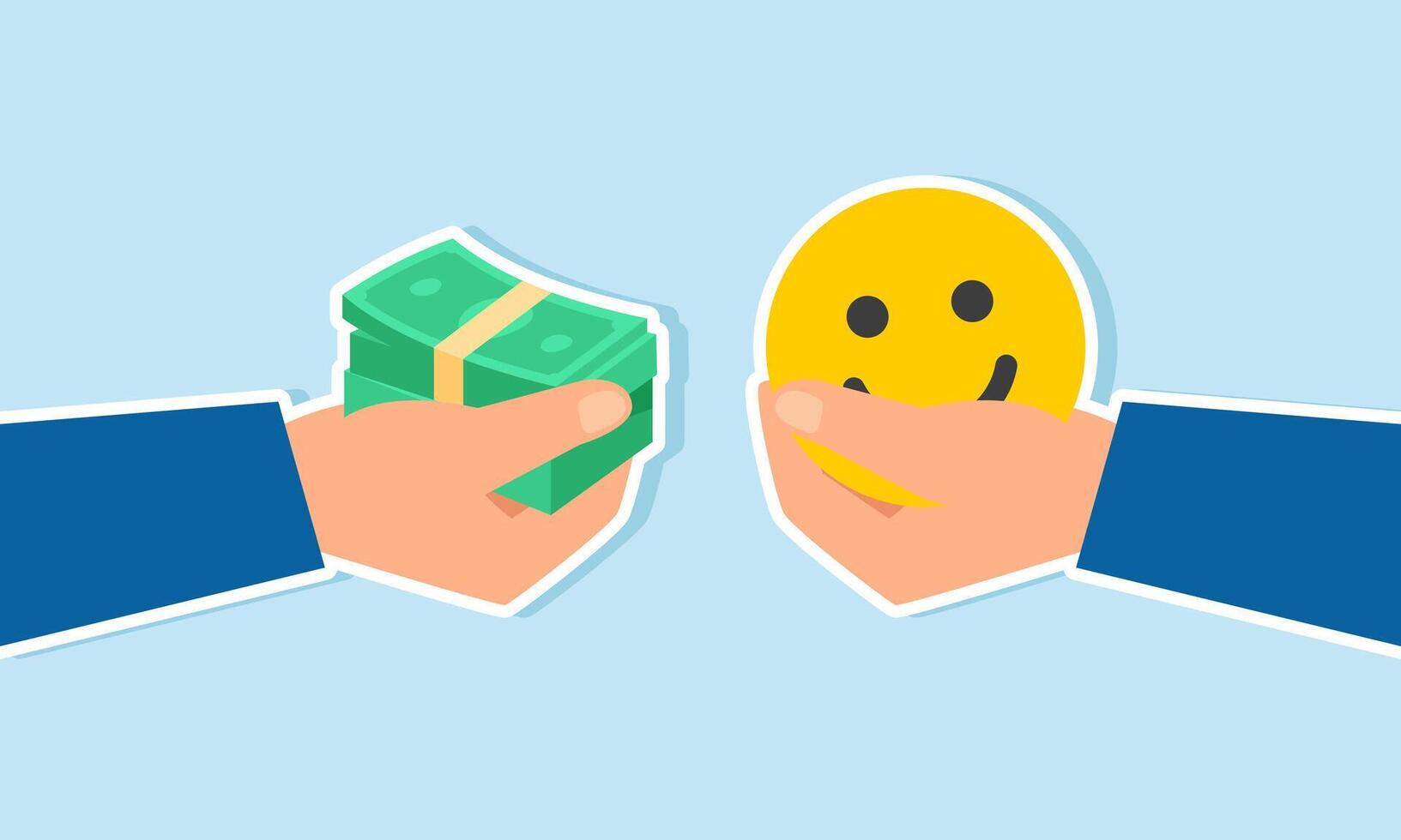Money can buy happiness a dilemma between financial goals and work life balance for enjoying life, concept of A businessman hand offers money to buy a happy, smiling face vector