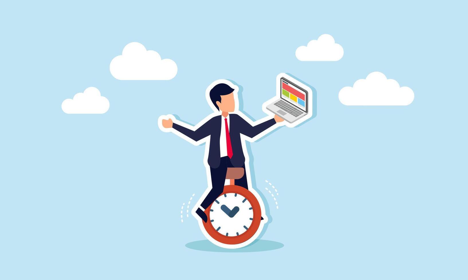 Time management completing projects within deadlines, enhancing productivity and efficiency, with speed and urgency, concept of A smart businessman working on a laptop while riding a clock vector