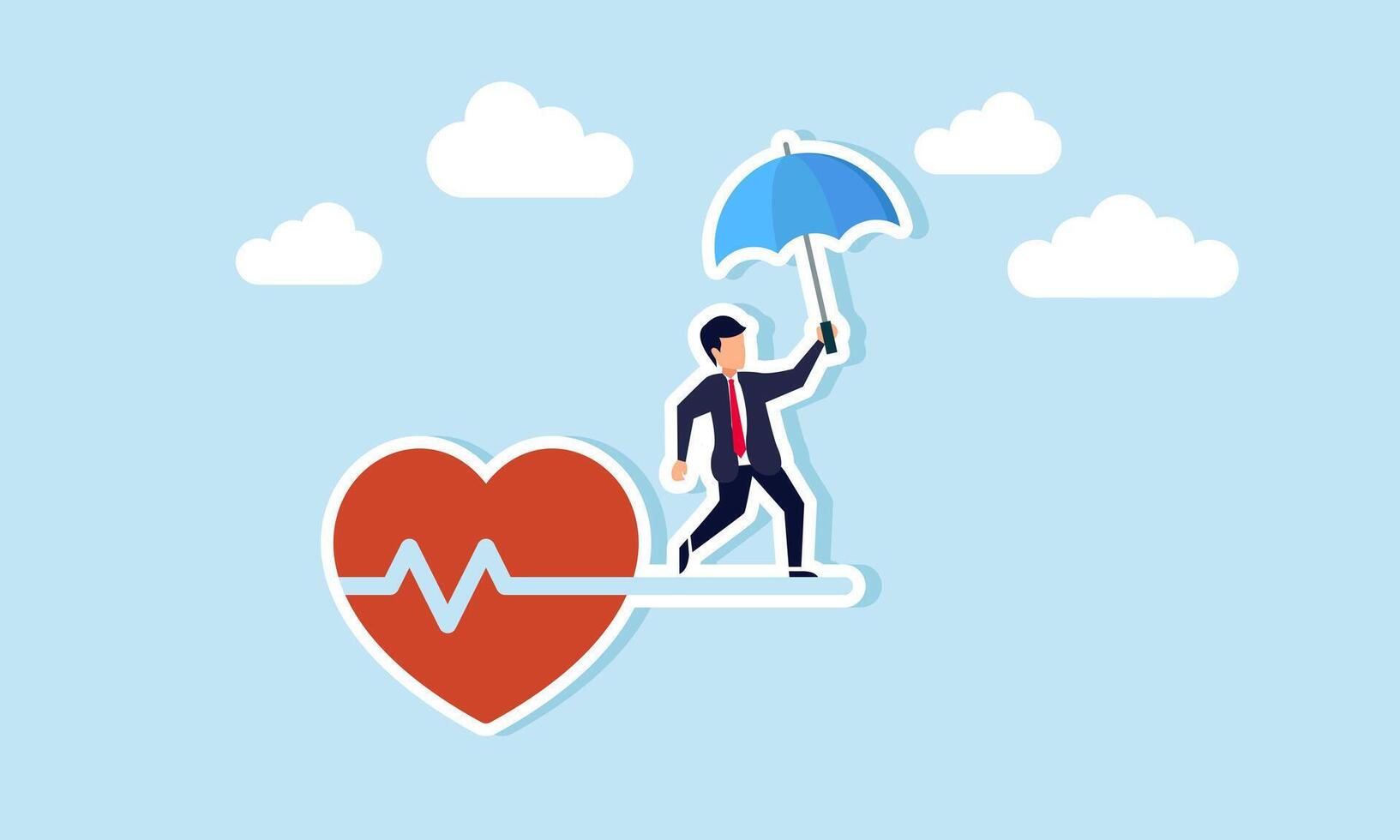 Health insurance medical risk coverage, healthcare protection, patient security, and disease care, concept of strong man with umbrella protection walk on risky heart pulse rate as rope walking. vector