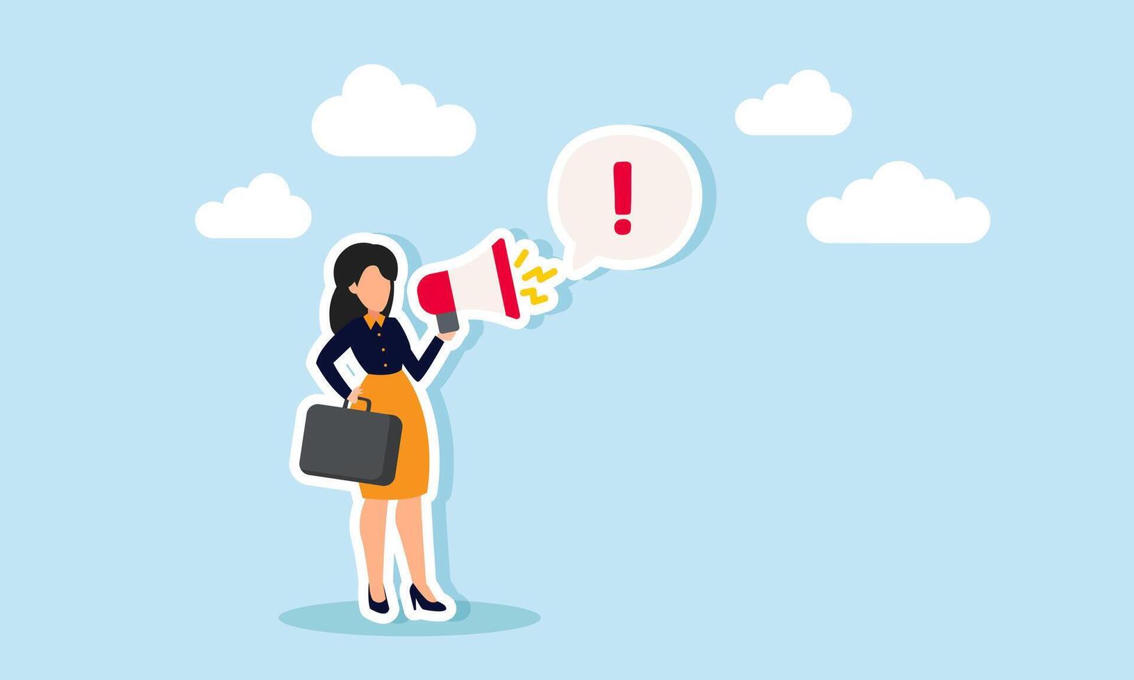 Attention important announcement, message, or broadcast via loudspeaker or exclamation point, concept of A confident businesswoman speaks through a megaphone with exclamatory attention vector