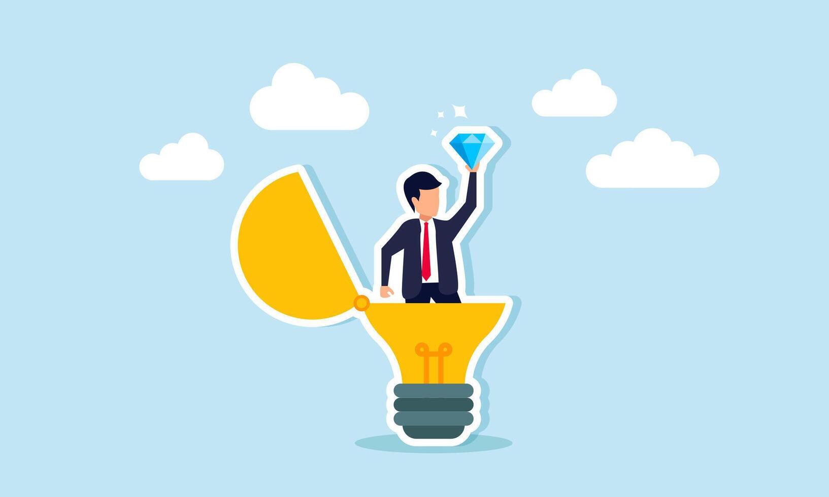 Business value discovering opportunities or benefits, measuring quality, or seeking brilliant ideas, concept of A businessman discovers a priceless diamond from a bright lightbulb idea vector