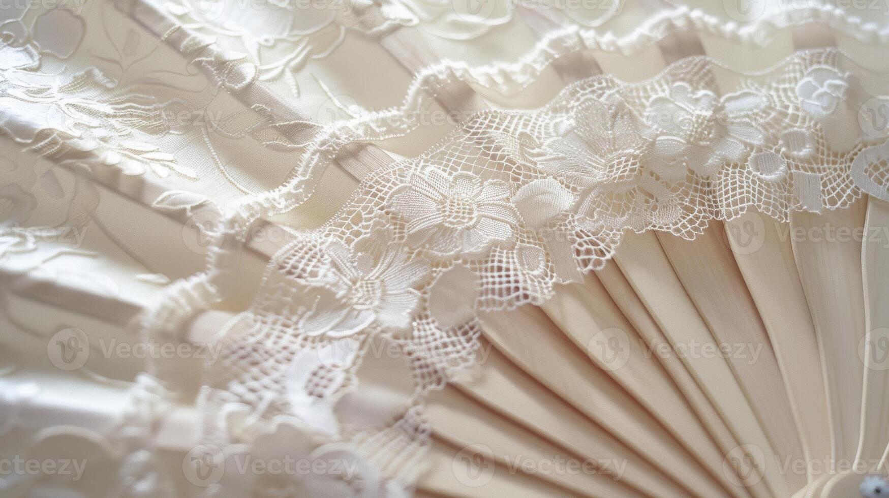 A classic white hand fan with a timeless damask pattern accented with delicate lace and a velvet ribbon for added elegance photo