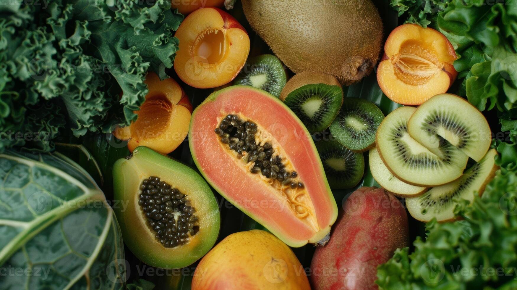 A variety of ripe and succulent fruits like papaya kiwi and nectarines are surrounded by an assortment of crisp vegetables perfect for creating a refreshing smoothie drink photo