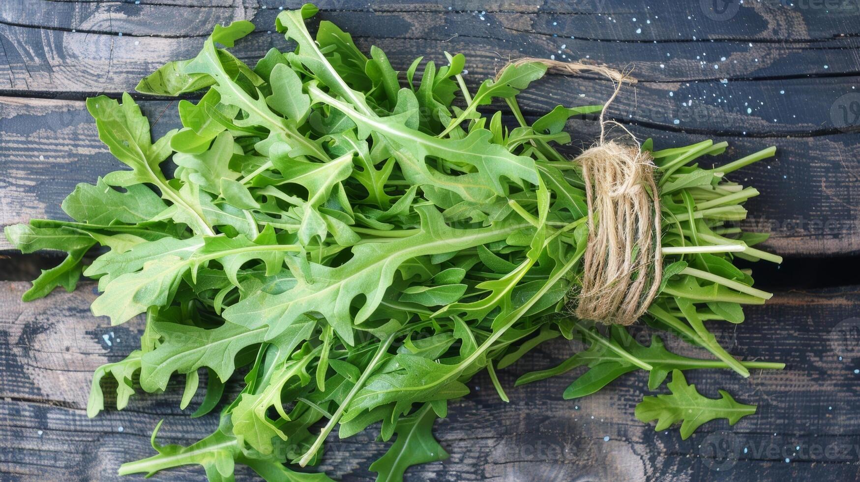 A bundle of fresh arugula leaves their delicate s visible and creating an intricate pattern photo