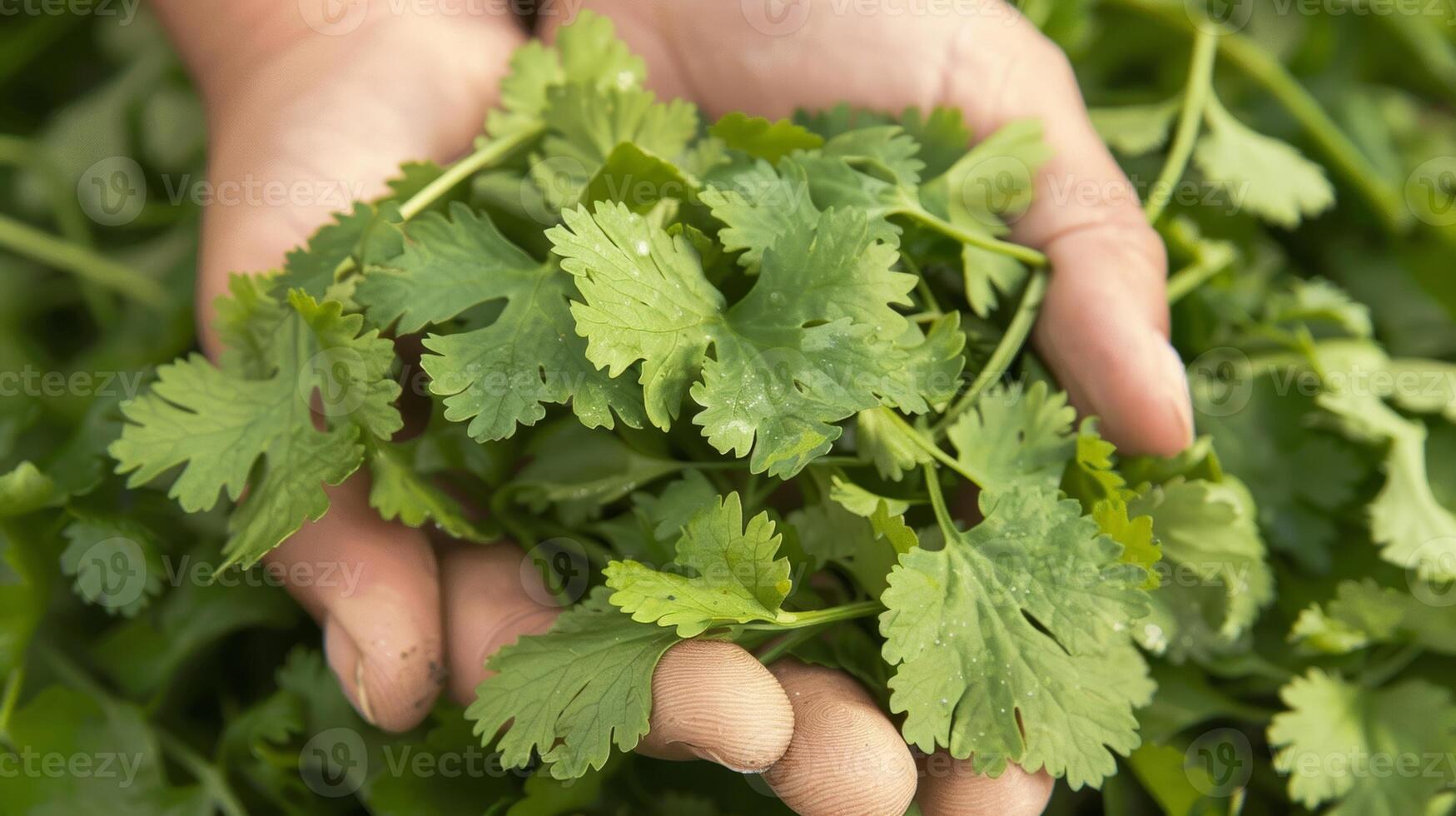 A handful of cilantro leaves their distinctive serrated edges and deep green color giving off a strong aroma photo